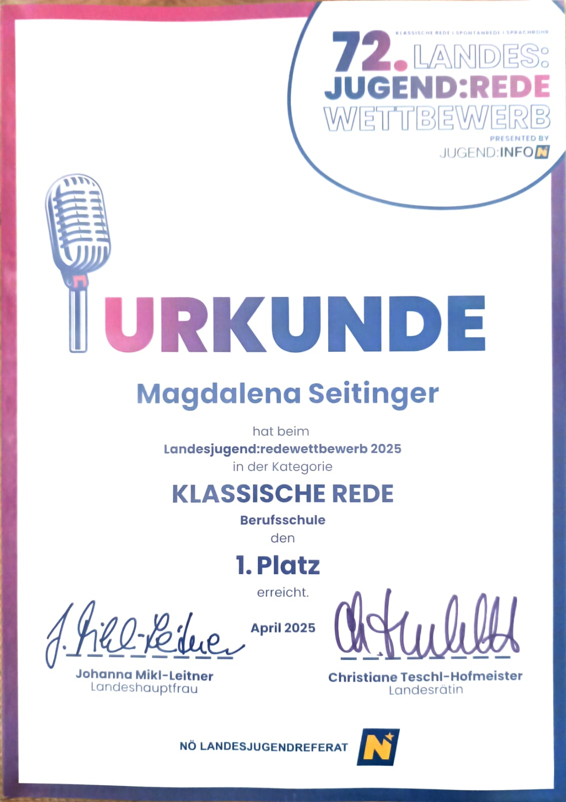 1. Platz beim Landes:Jugend:Redewettbewerb 2025